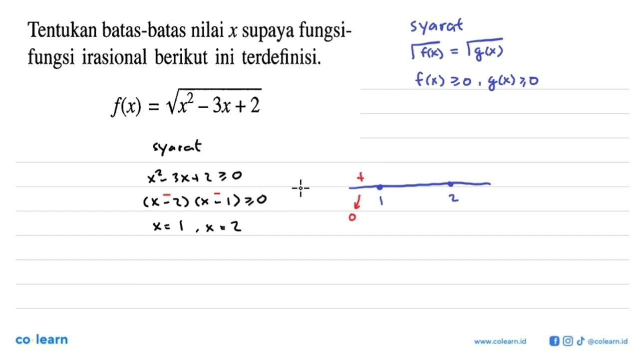 Tentukan batas-batas nilai x supaya fungsifungsi irasional