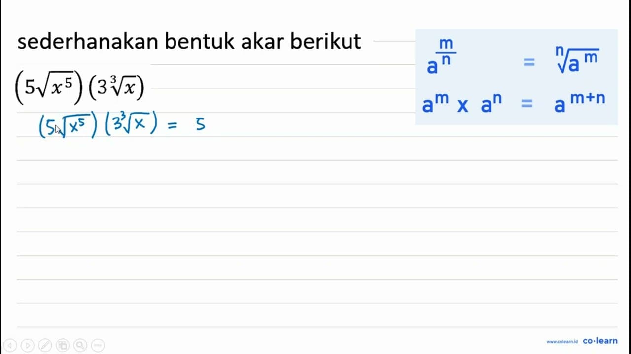 (5 akar(x^(5)))(3 akar pangkat 3 dari (x))