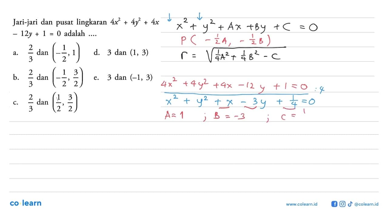 Jari-jari dan pusat lingkaran 4x^2+4y^2+4x-12y+1=0