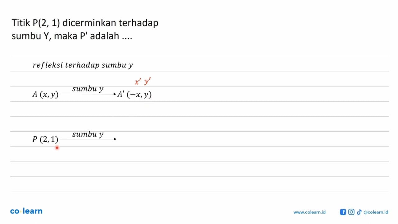 Titik P(2,1) dicerminkan terhadap sumbu Y, maka P' adalah