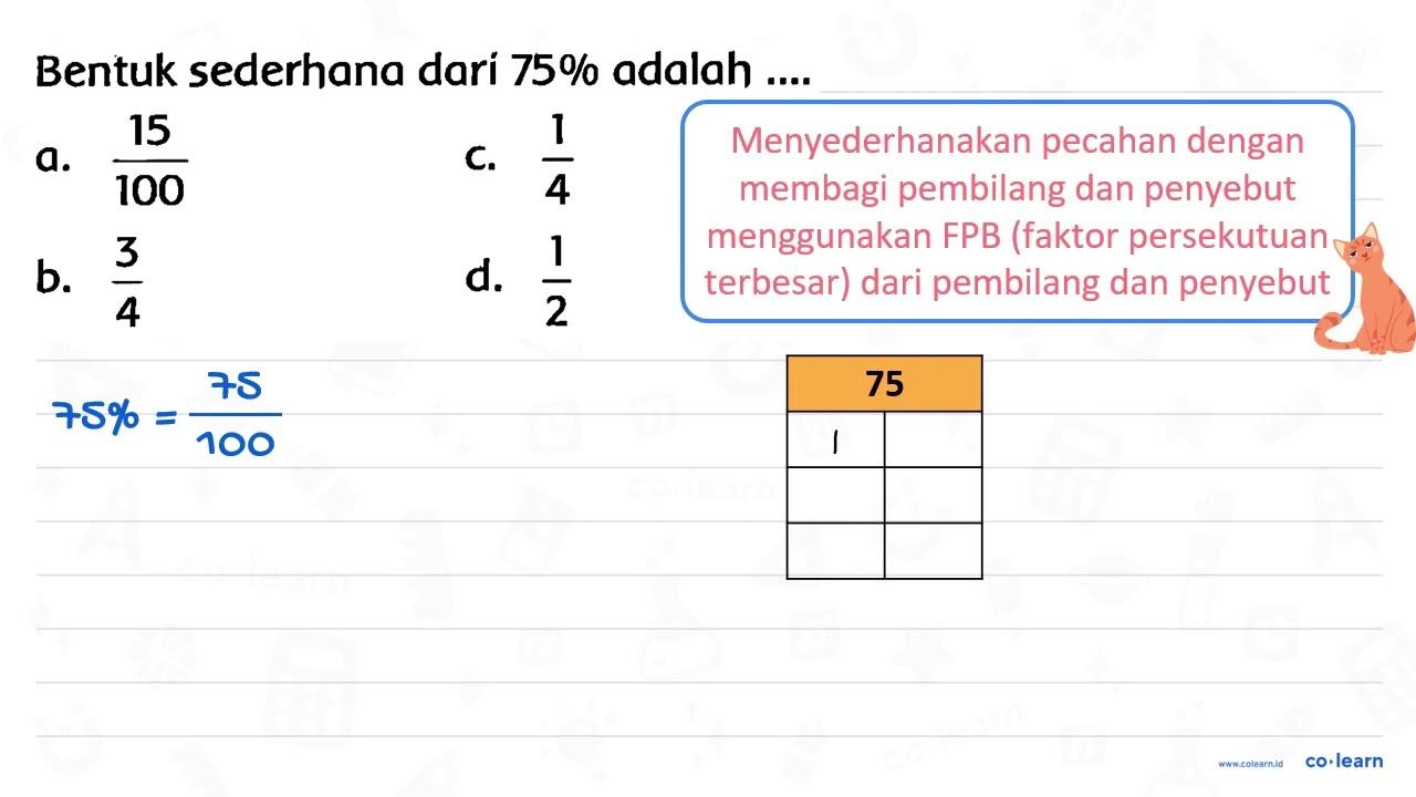 Bentuk sederhana dari 75 % adalah .... a. (15)/(100) C.