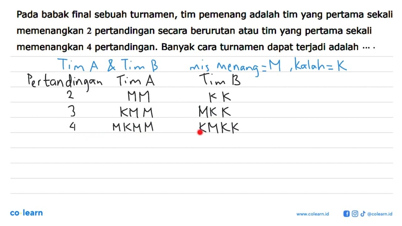 Pada babak final sebuah turnamen, tim pemenang adalah tim