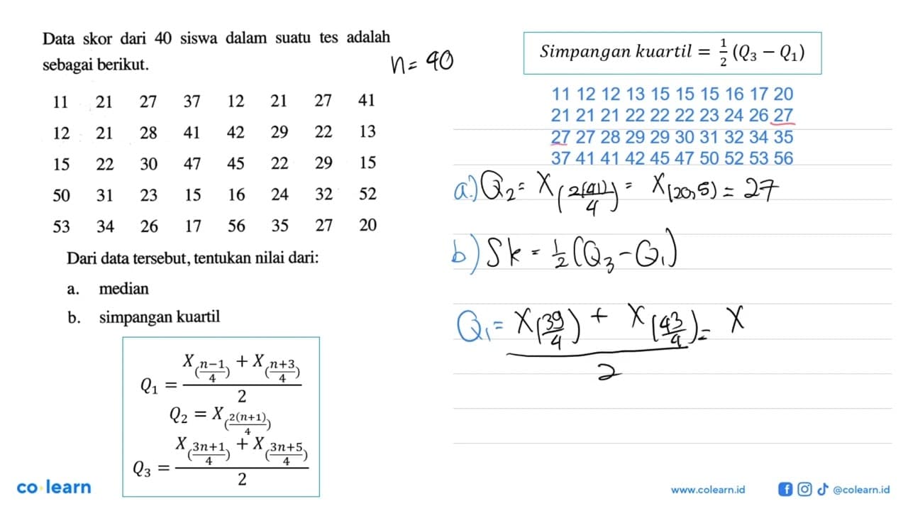 Data skor 40 siswa dalam suatu tes adalah sebagai berikut.