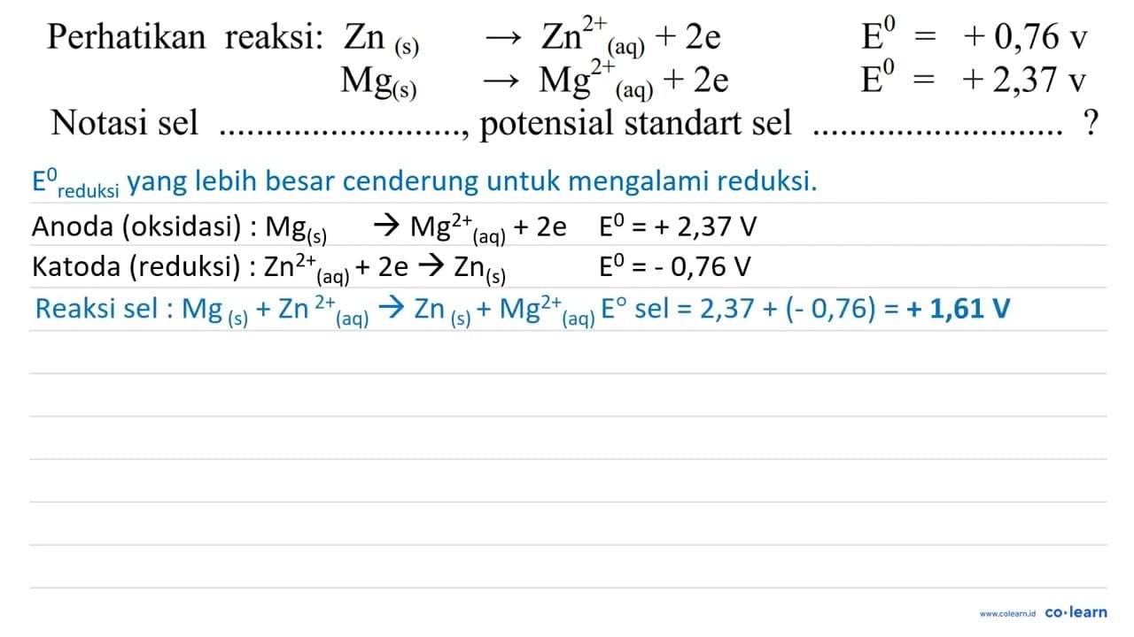 Perhatikan reaksi: Zn (s) -> Zn^(2+) (aq)+2e E = +0,76v Mg