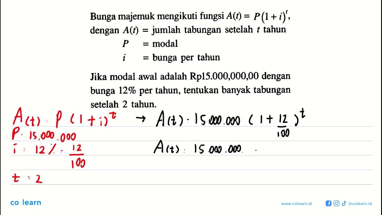 Bunga majemuk mengikuti fungsi A(t) = P(1+i)^t , dengan