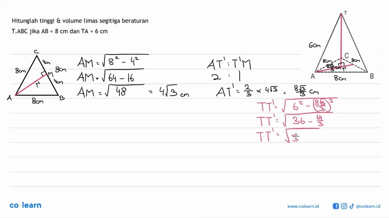 Hitunglah tinggi & volume limas segitiga beraturan T.ABC