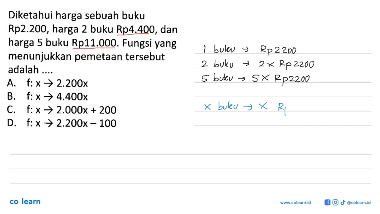 Diketahui harga sebuah buku Rp2.200, harga 2 buku Rp4.400,