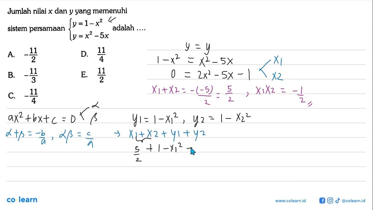 Jumlah nilai x dan y yang memenuhi sistem persamaan y=1-x^2