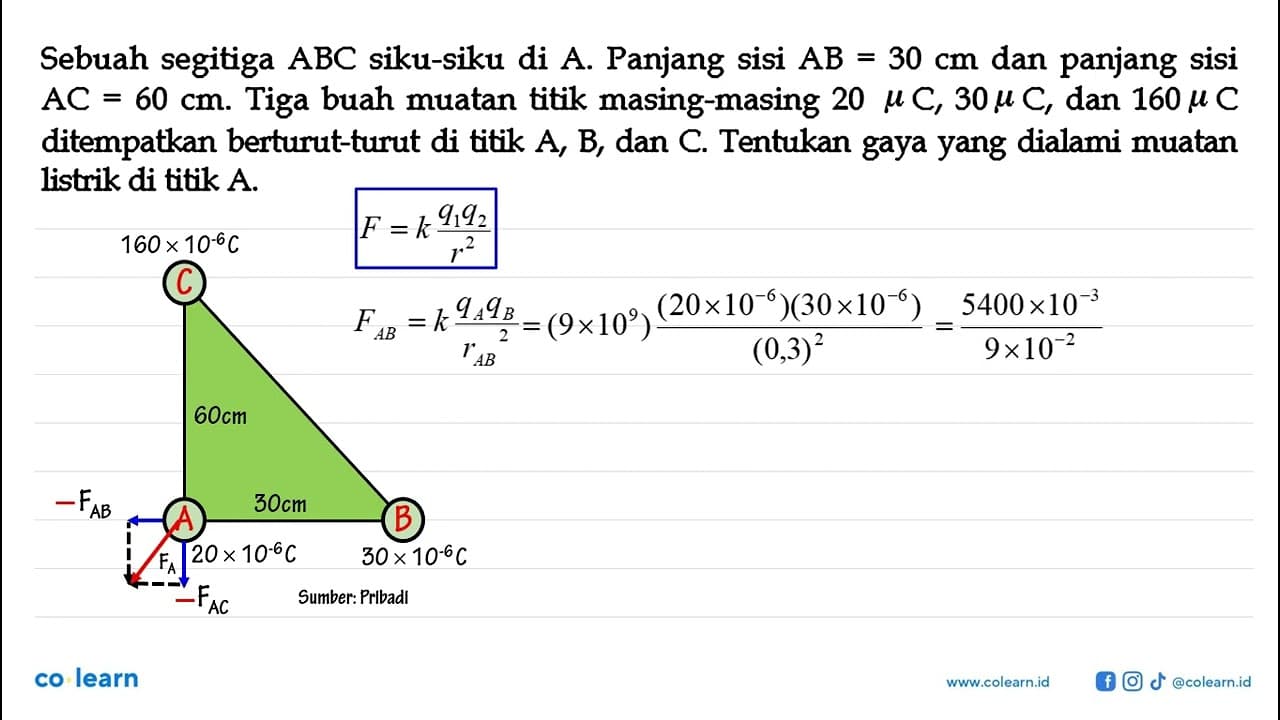 Sebuah segitiga ABC siku-siku di A. Panjang sisi AB = 30 cm