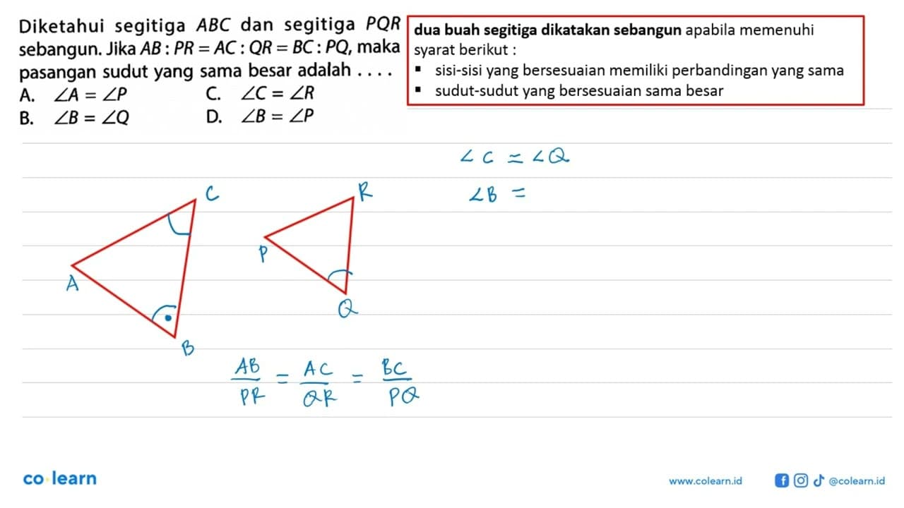 Diketahui segitiga ABC dan segitiga PQR sebangun. Jika