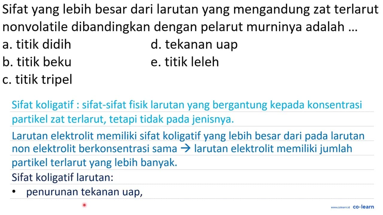 Sifat yang lebih besar dari larutan yang mengandung zat