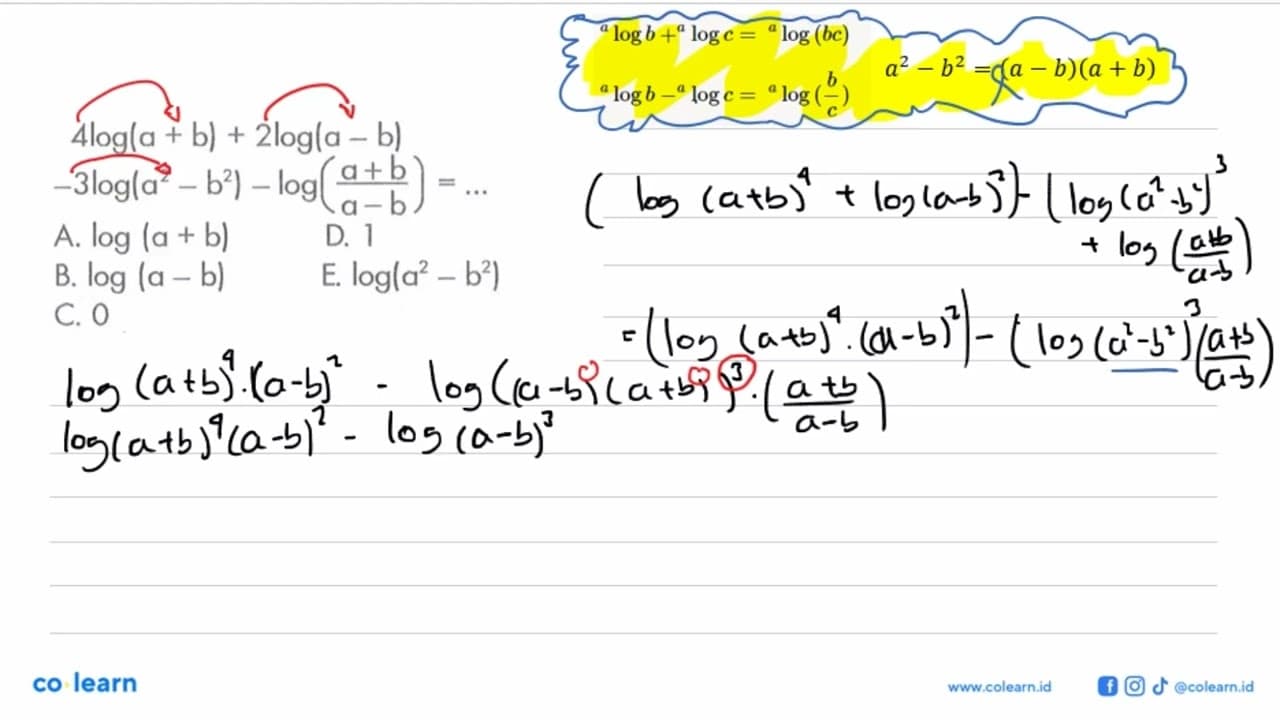 4log(a+b) + 2log(a-b) - 3log(a^2-b^2) - log((a+b)/(a-b)) =