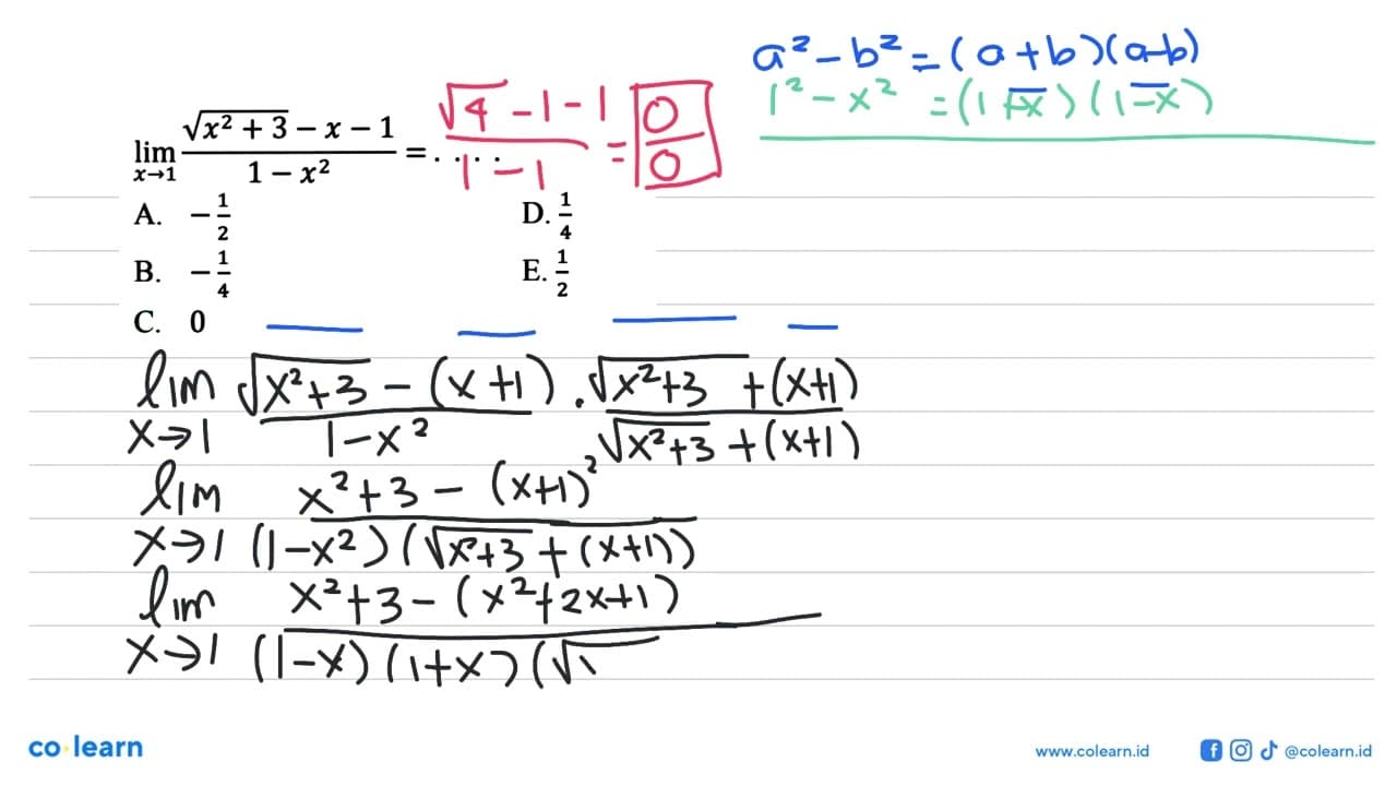 limit x -> 1 akar(x^2+3)-x-1/1-x^2=...