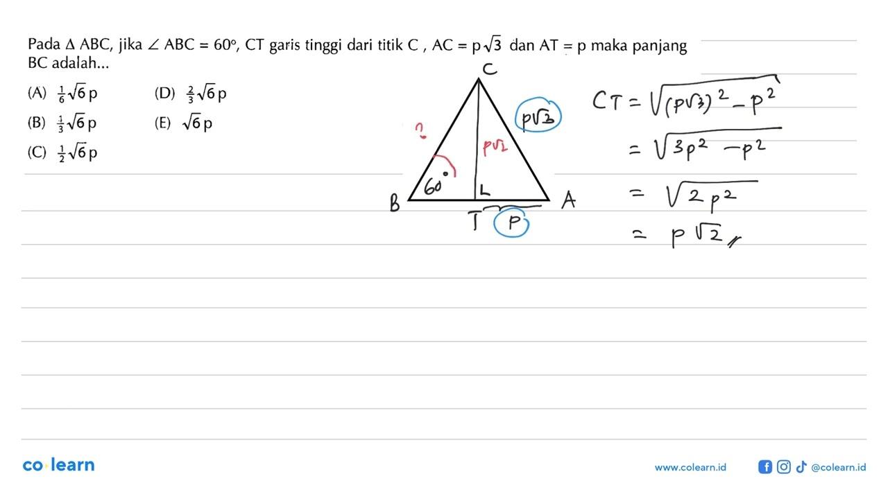 Pada segitiga ABC , jika sudut ABC=60, CT garis tinggi dari