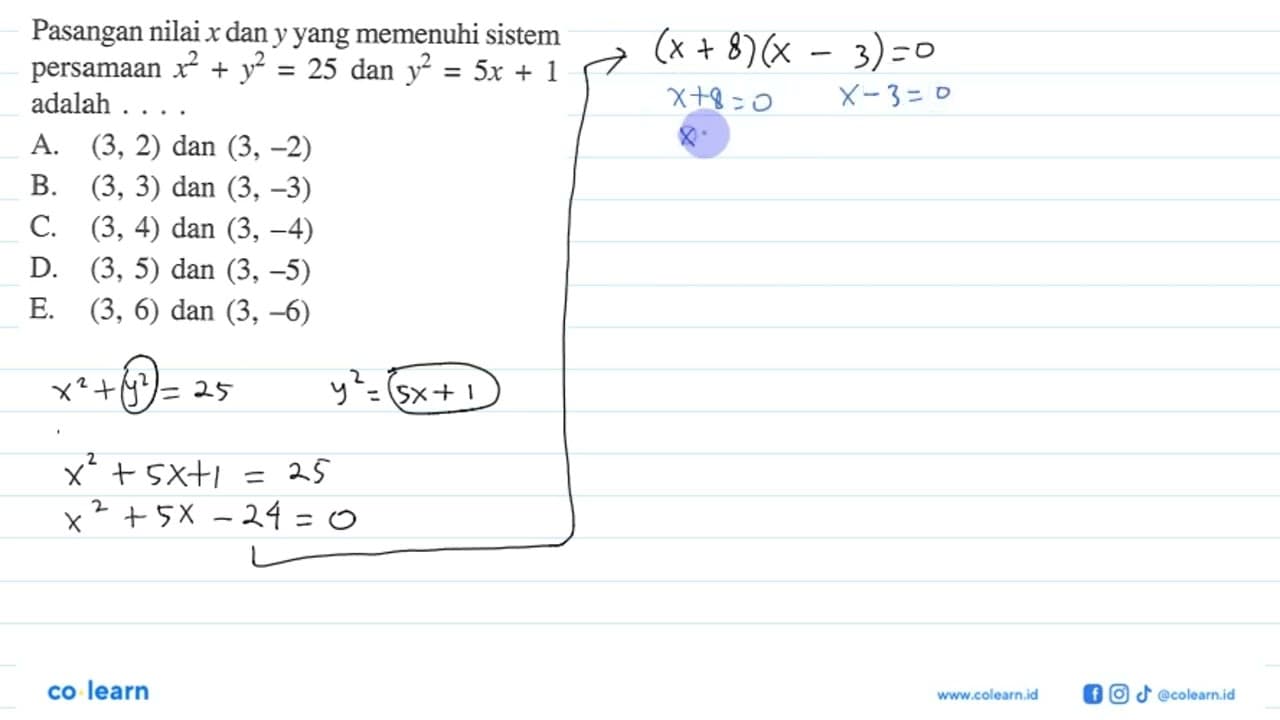 Pasangan nilai x dan y yang memenuhi sistem persamaan