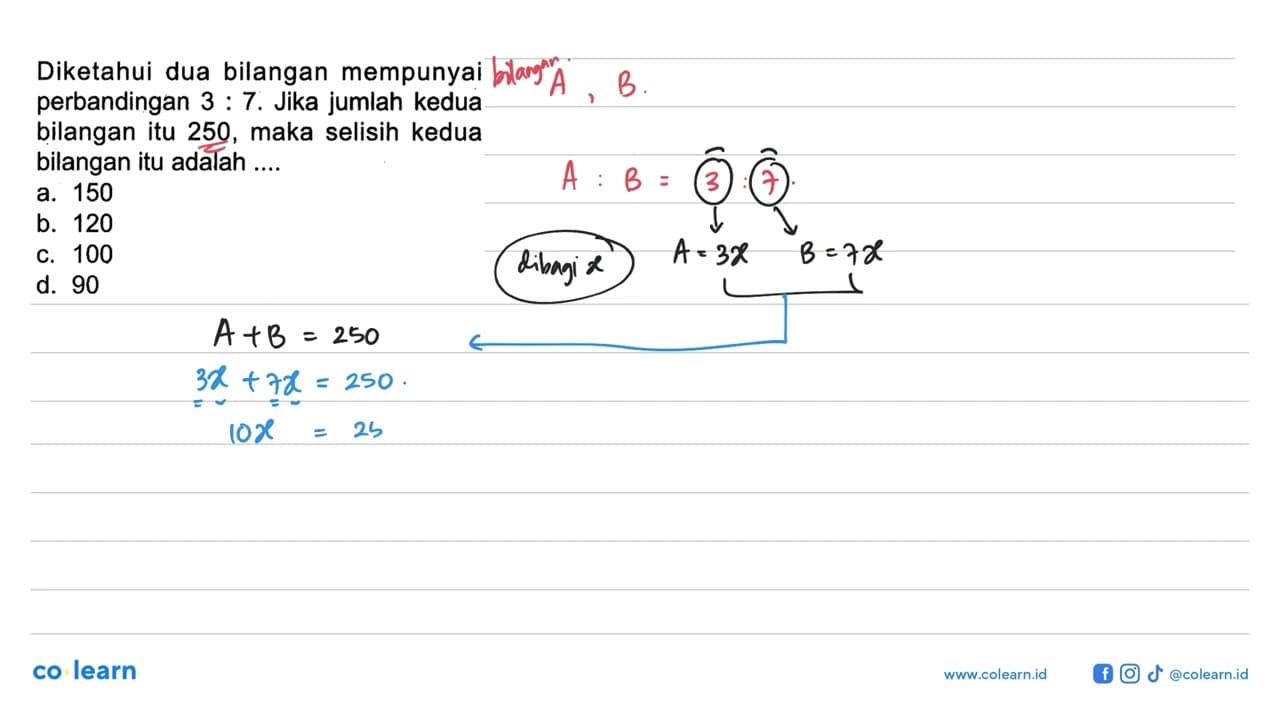 Diketahui dua bilangan mempunyai perbandingan 3:7. Jika