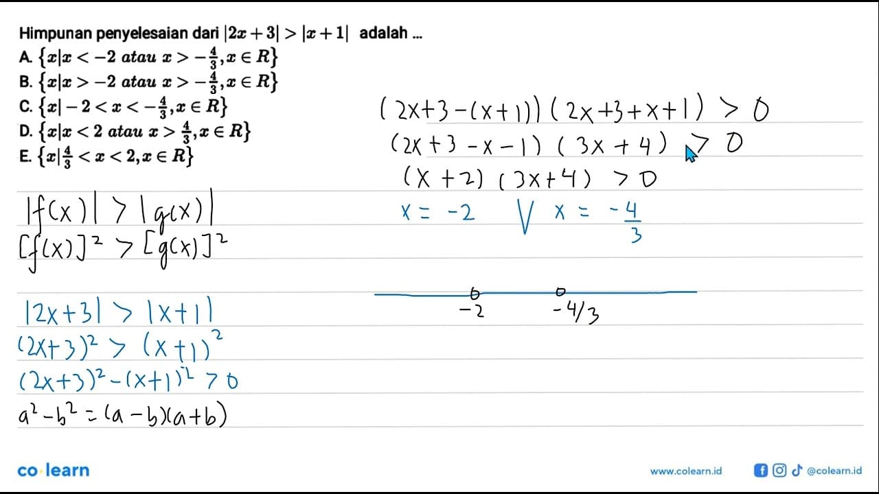 Himpunan penyelesaian dari |2x + 3|> |x + 1| adalah