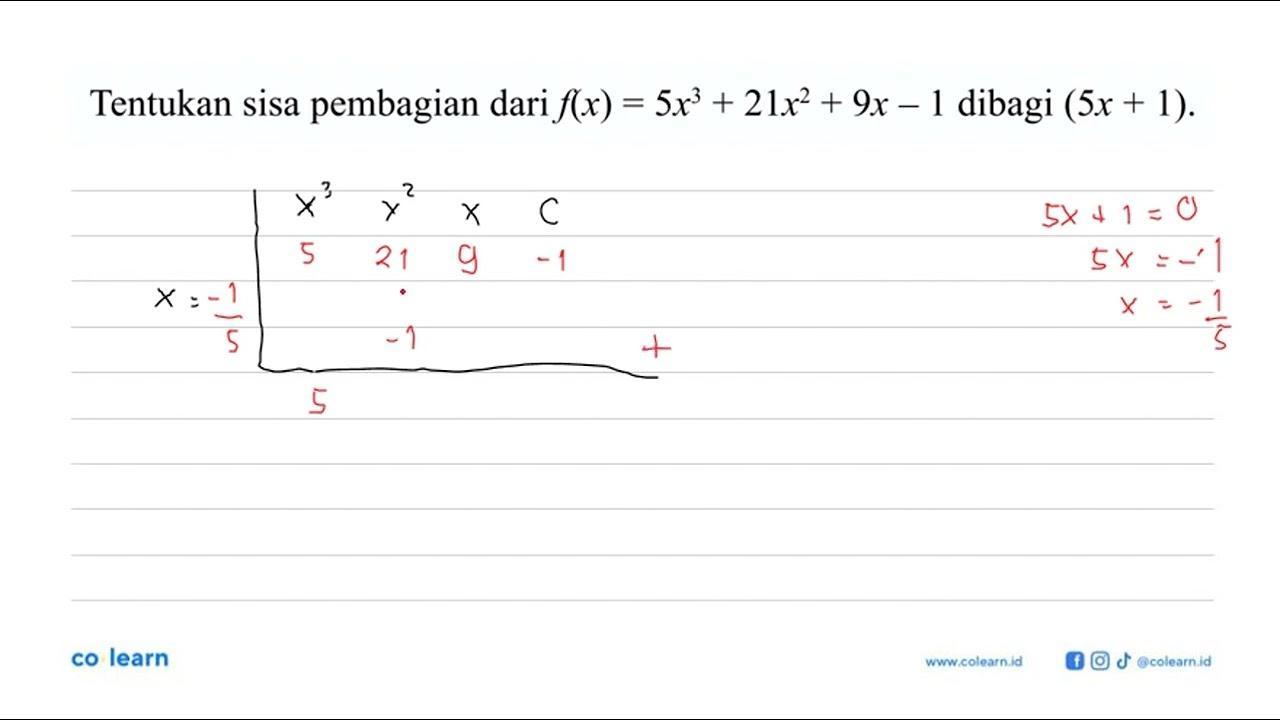 Tentukan sisa pembagian dari f(x)=5x^3+21x^2+9x-1 dibagi