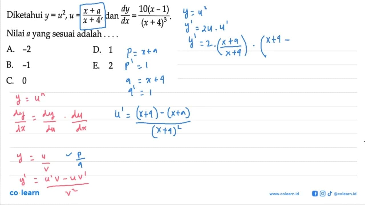 Diketahui y=u^2, u=(x+a)/(x+4), dan