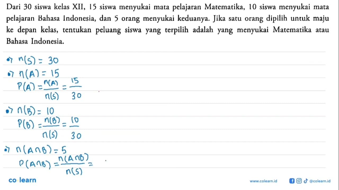 Dari 30 siswa kelas XII, 15 siswa menyukai mata pelajaran