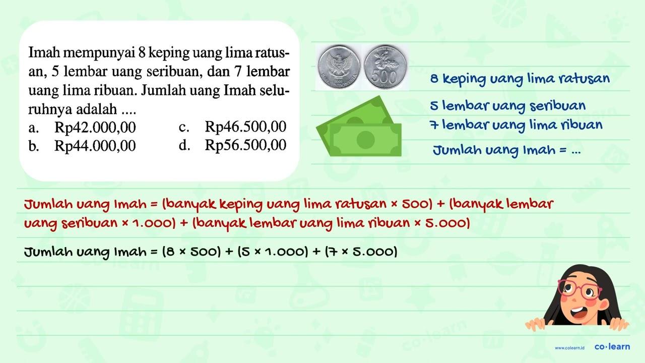 Imah mempunyai 8 keping uang lima ratusan, 5 lembar uang