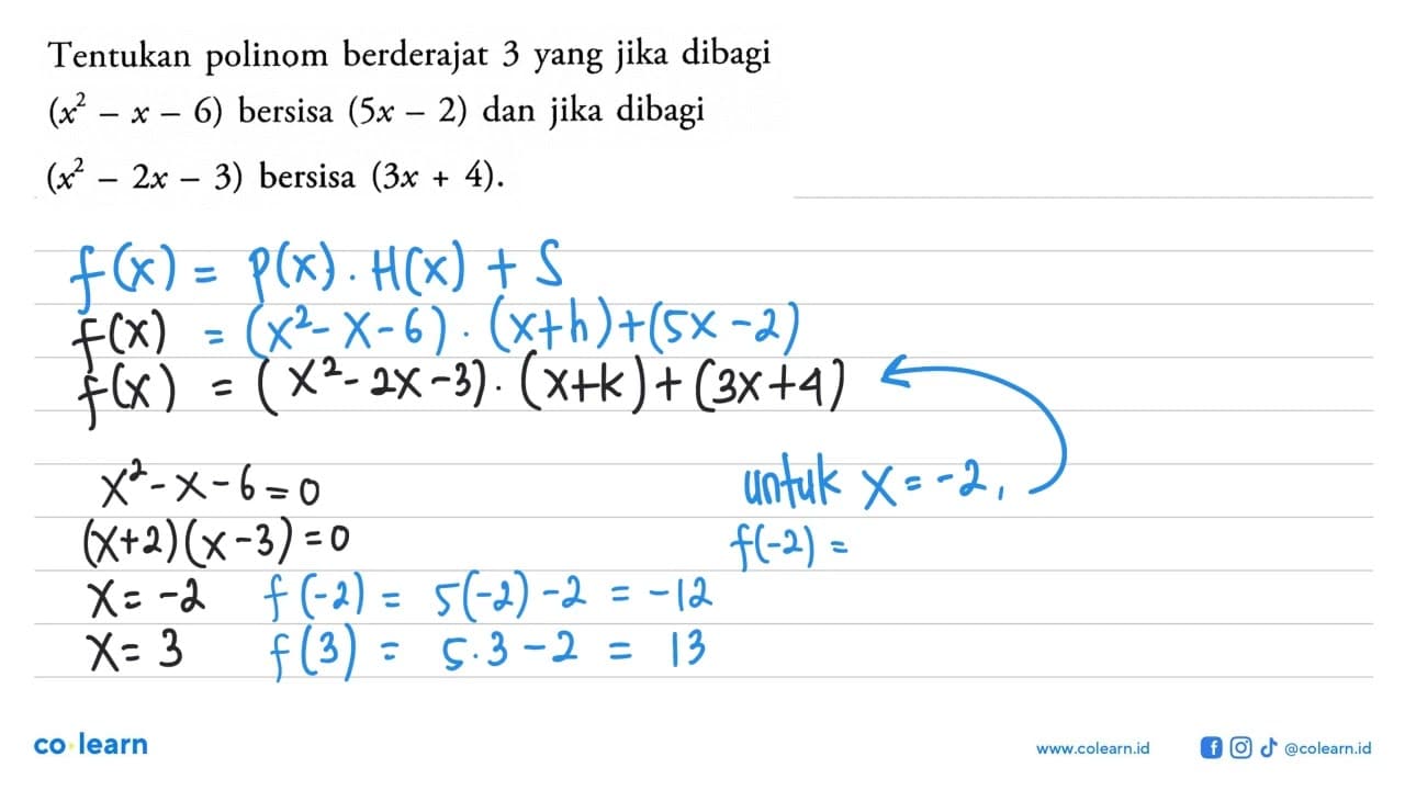 Tentukan polinom berderajat 3 yang jika dibagi (x^2-x-6)