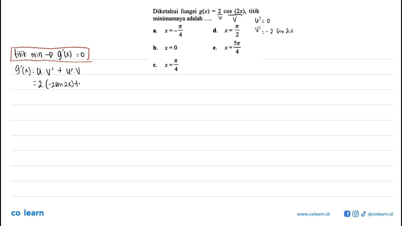 Diketahui fungsi g(x)=2cos(2x), titik minimumnya adalah