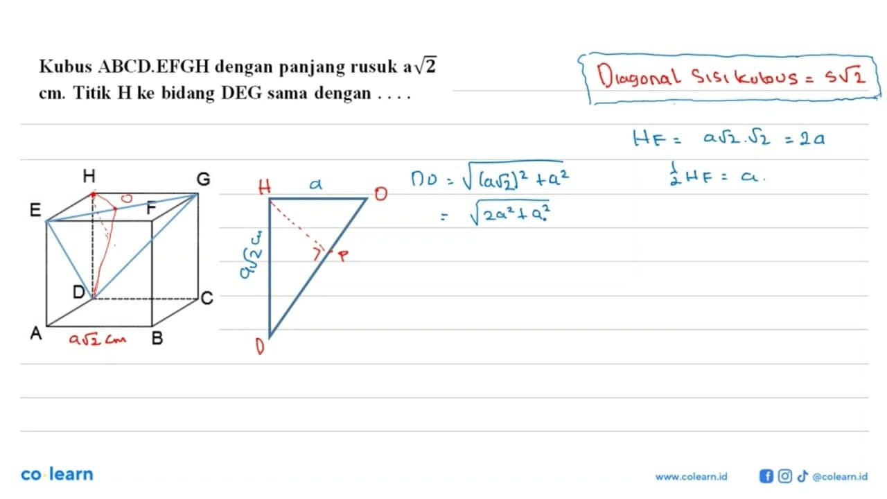 Kubus ABCD.EFGH dengan panjang rusuk a akar(2) cm. Titik H