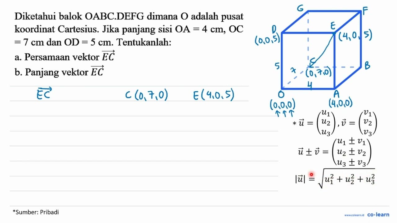 Diketahui balok OABC.DEFG dimana O adalah pusat koordinat