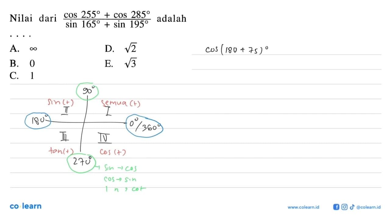 Nilai dari (cos 255+cos 285)/(sin 165+sin 195) adalah