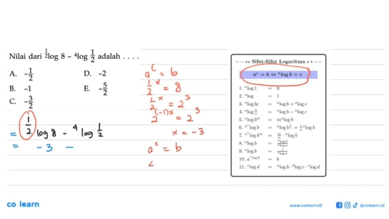 Nilai dari 1/2 log8-4log 1/2 adalah . . . .