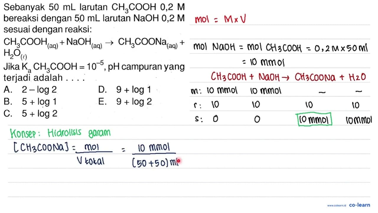 Sebanyak 50 mL larutan CH3COOH 0,2 M bereaksi dengan 50 mL