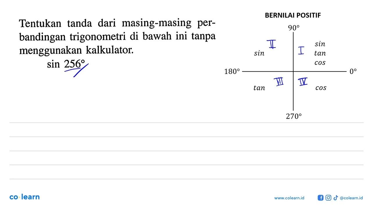 Tentukan tanda dari masing-masing perbandingan trigonometri