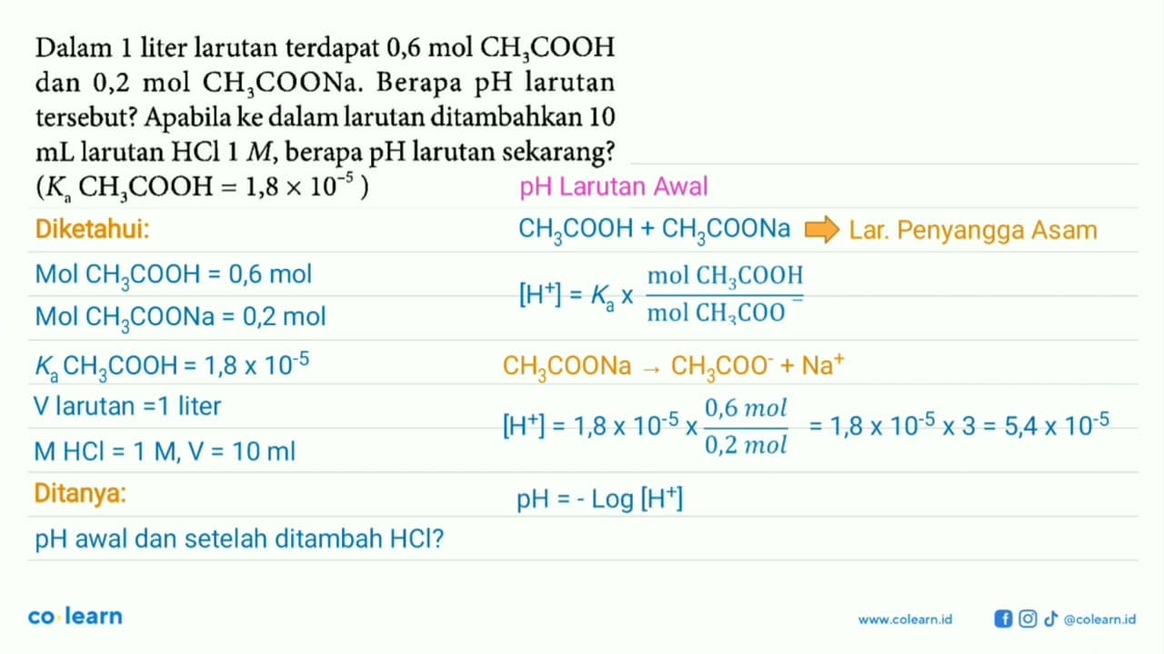 Dalam 1 liter larutan terdapat 0,6 mol CH3COOH dan 0,2 mol
