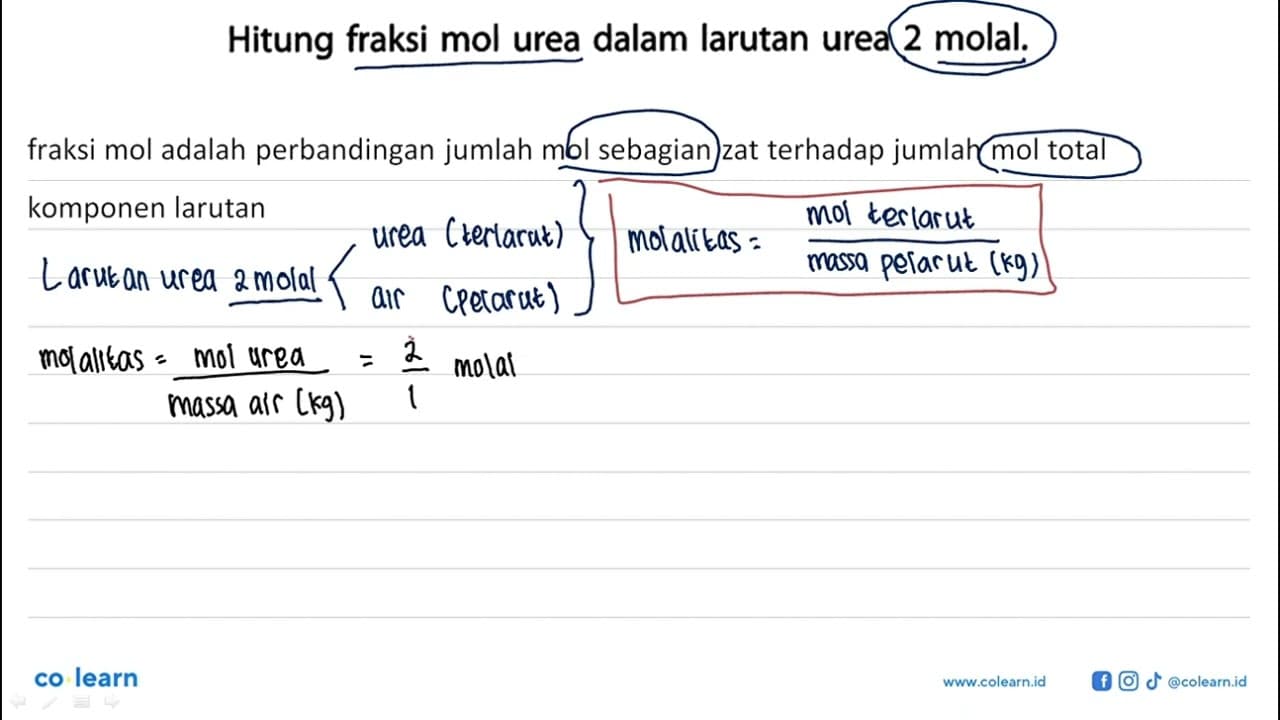 Hitung fraksi mol urea dalam larutan urea 2 molal.