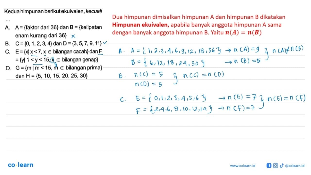 Kedua himpunan berikut ekuivalen, kecuali ....