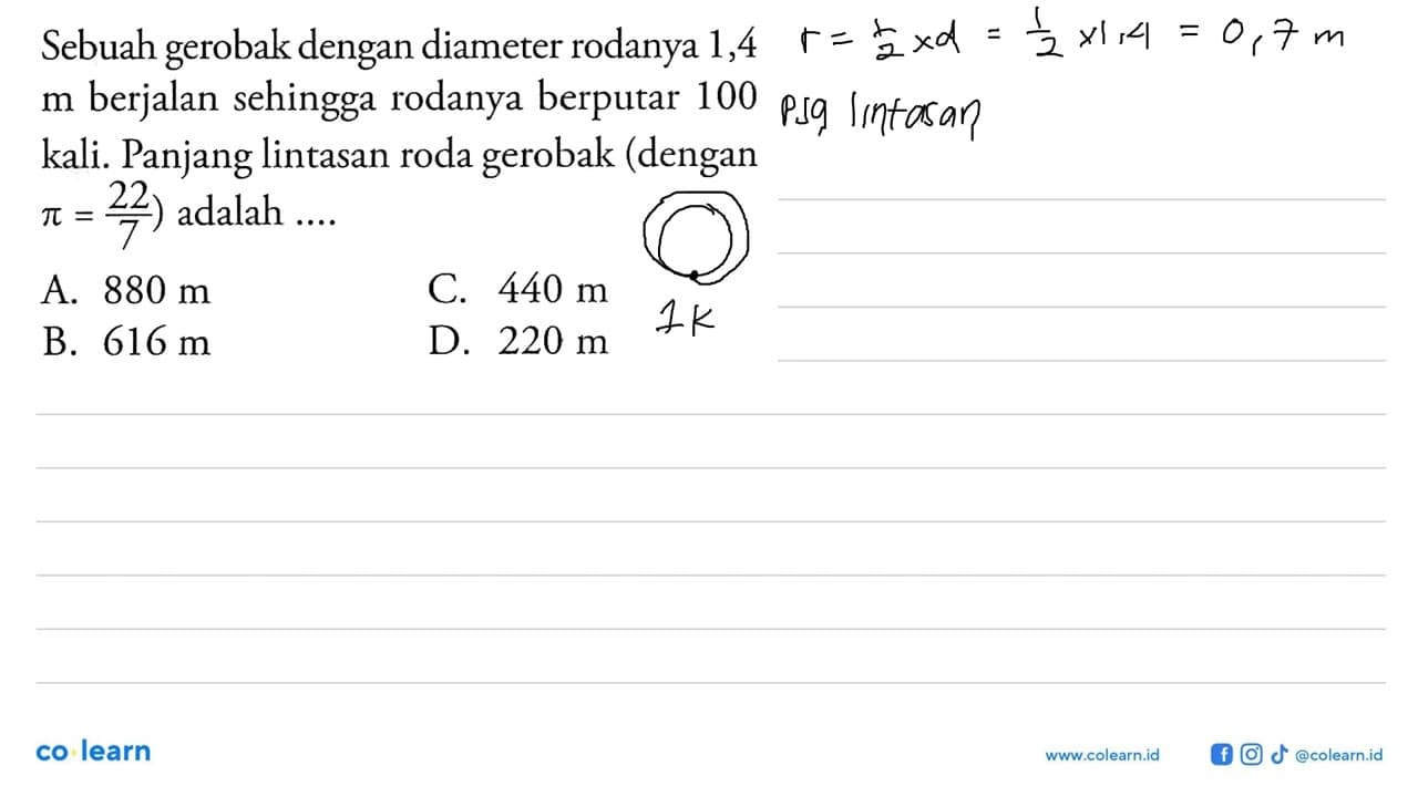 Sebuah gerobak dengan diameter rodanya 1,4 m berjalan