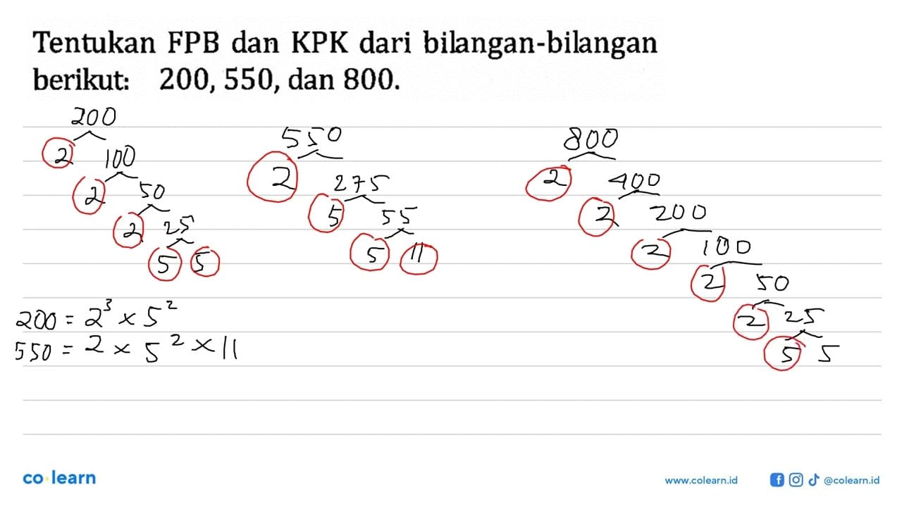 Tentukan FPB dan KPK dari bilangan-bilangan berikut: 200,