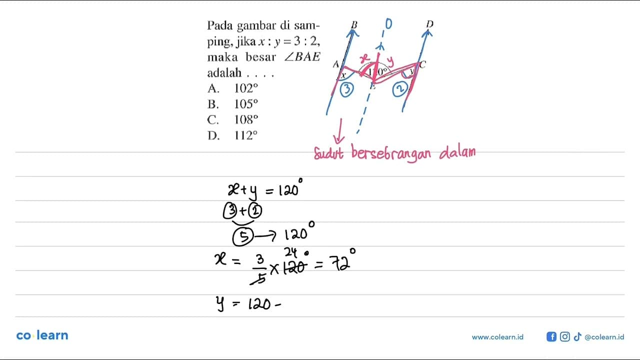 Pada gambar di samping, jika x:y=3:2, maka besar sudut BAE