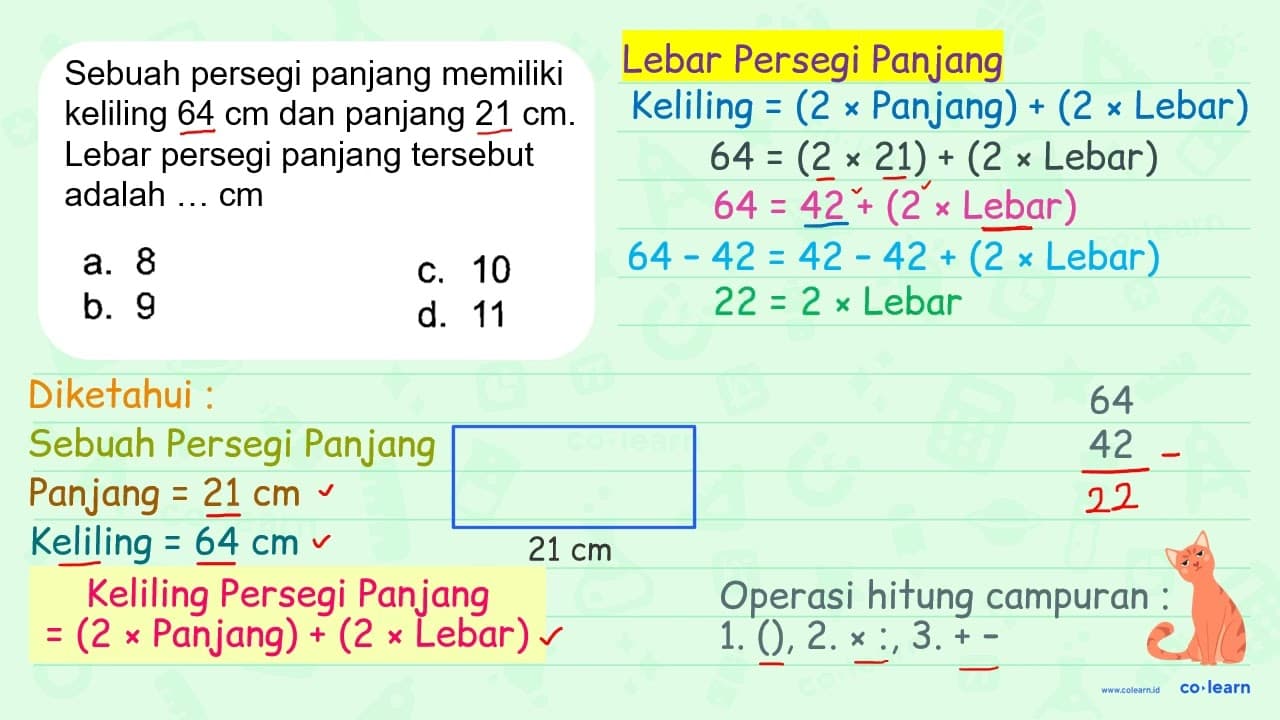 Sebuah persegi panjang memiliki keliling 64 cm dan panjang