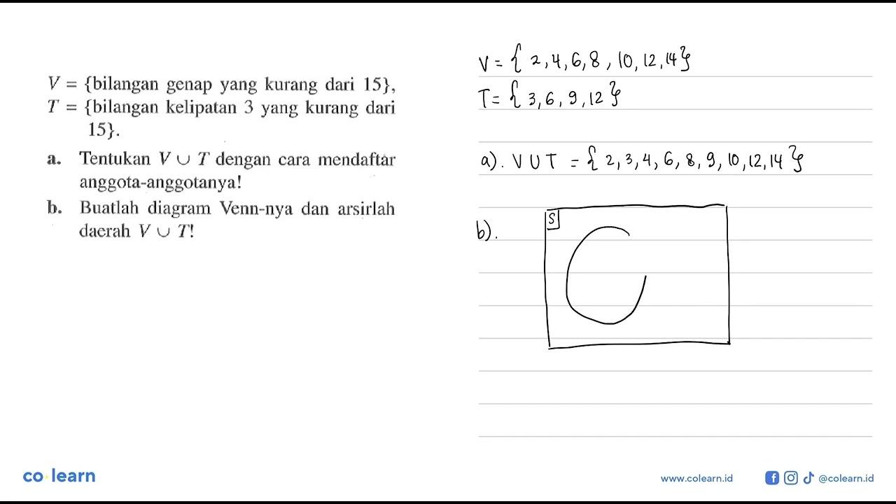 V = {bilangan genap yang kurang dari 15}, T = {bilangan