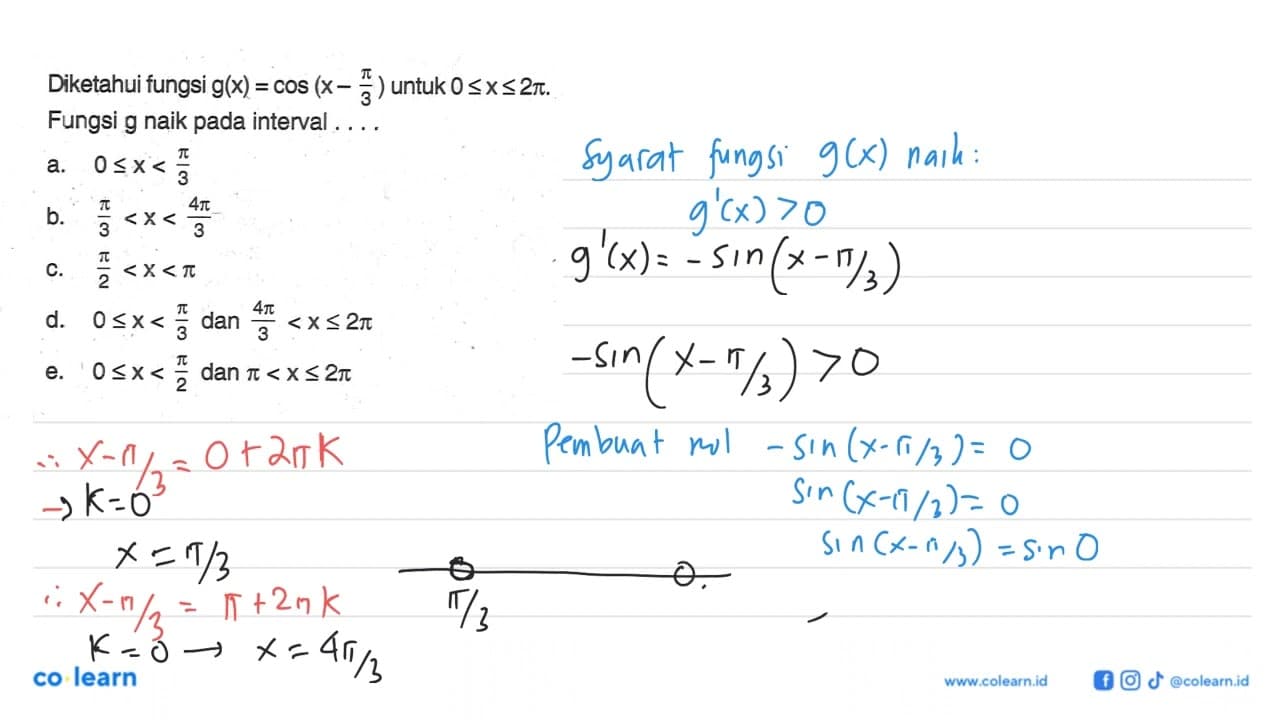 Diketahui fungsi g(x)= cos(x-pi/3) untuk 0<=x<=2pi, Fungsi