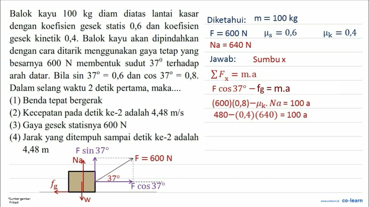 Balok kayu 100 kg diam diatas lantai kasar dengan koefisien