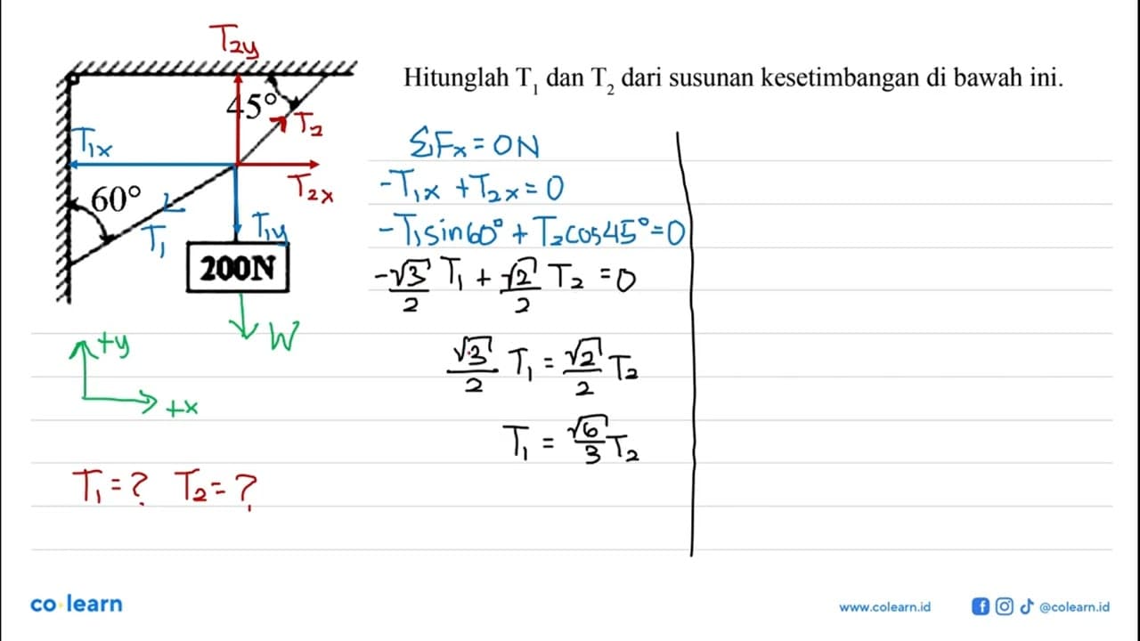 45 60 200 N Hitunglah T1 dan T2 dari susunan kesetimbangan