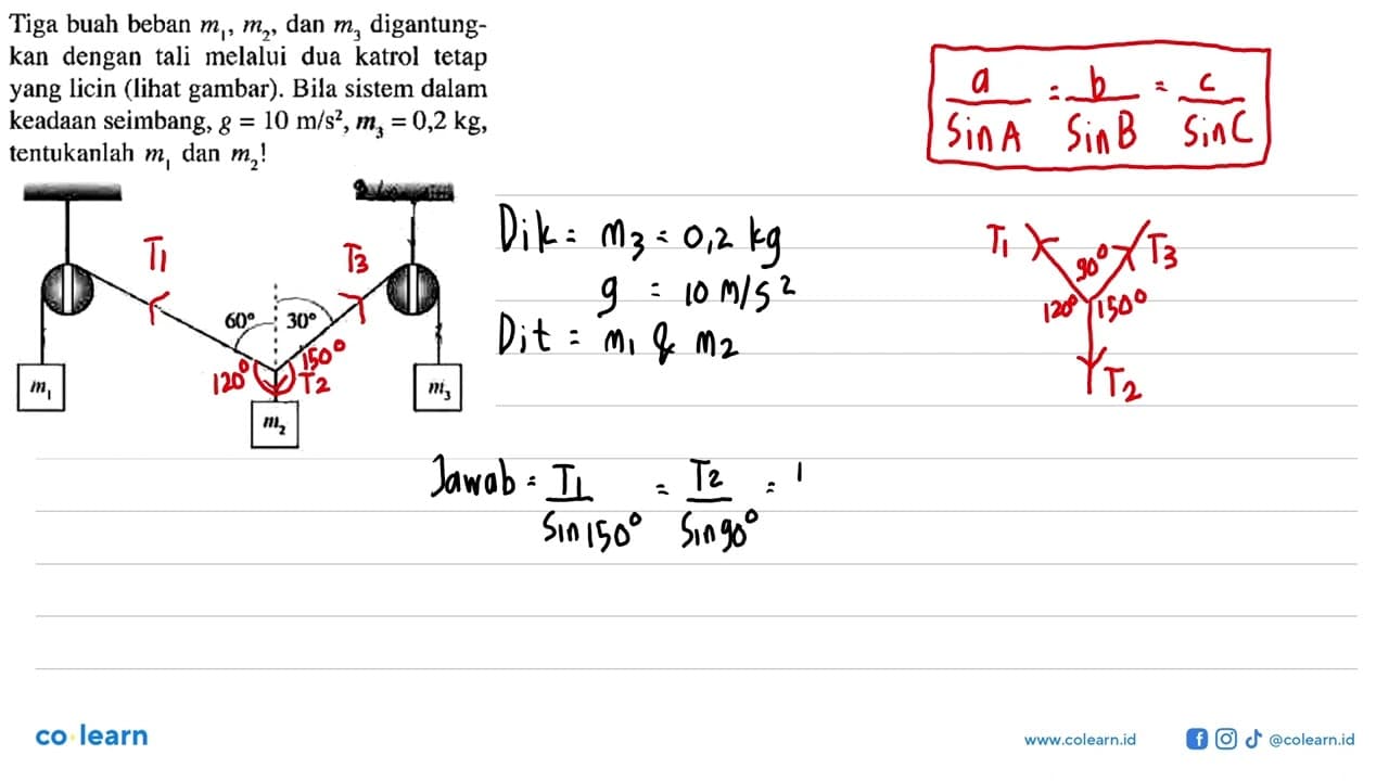 Tiga buah beban m1,m2, dan m3 digantungkan dengan tali