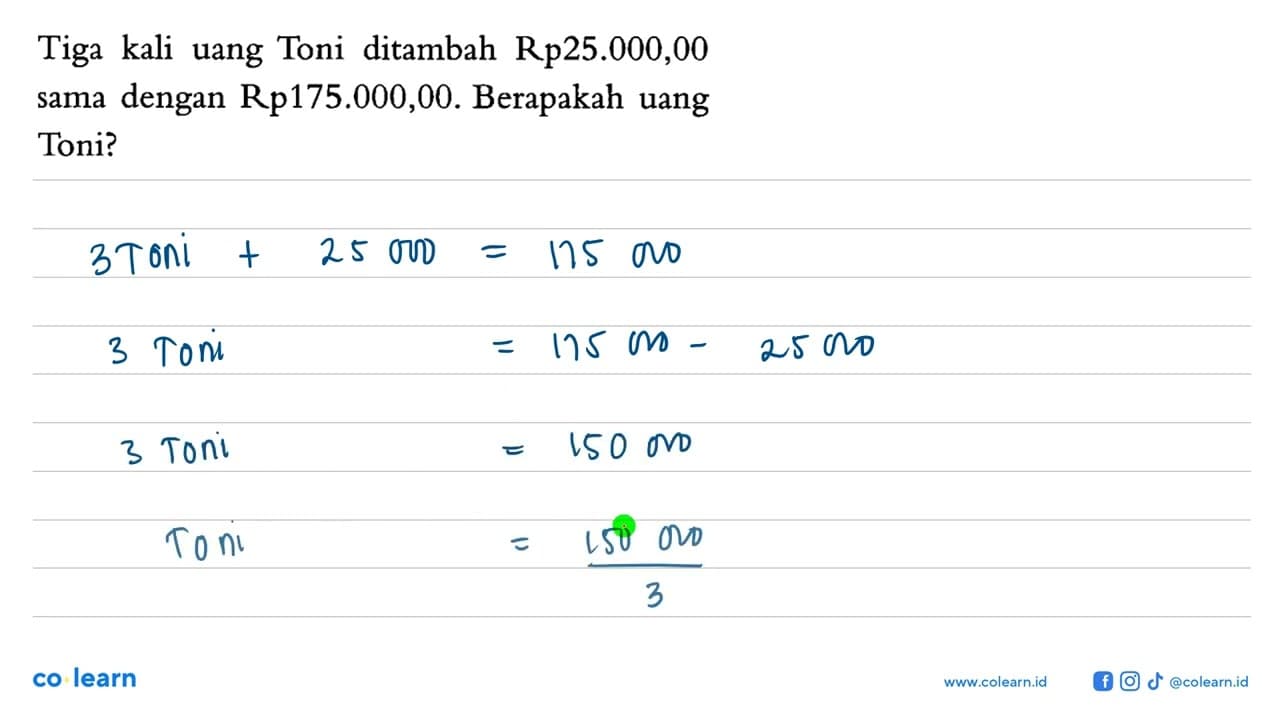 Tiga kali uang Toni ditambah Rp25.000,00 sama dengan