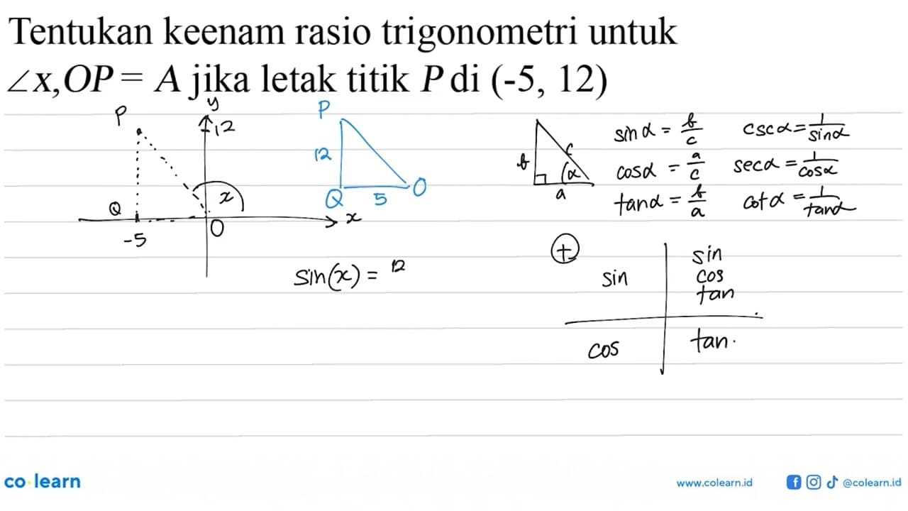 Tentukan keenam rasio trigonometri untuk Zx, OP=A jika