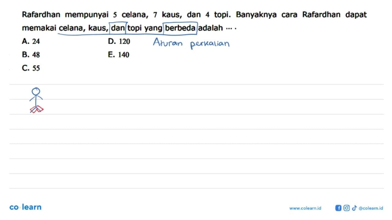 Rafardhan mempunyai 5 celana, 7 kaus, dan 4 topi. Banyaknya