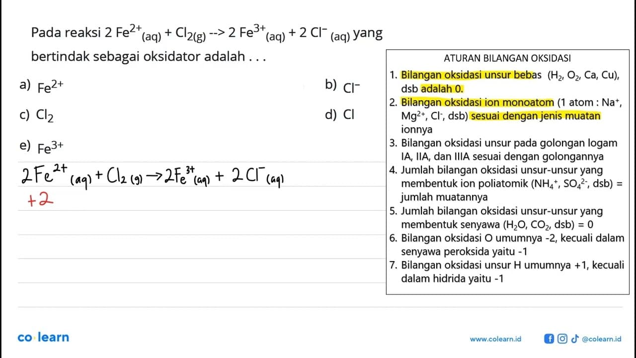 Pada reaksi 2 Fe^2+(aq)+Cl2(g) -> 2Fe^3+(aq)+2 Cl^- (aq)