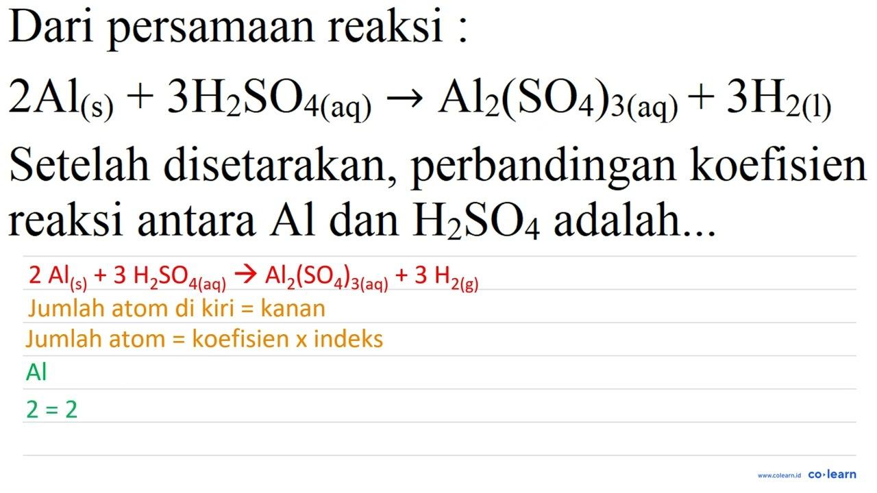 Dari persamaan reaksi : 2 Al_((s))+3 H_(2) SO_(4(aq)) ->